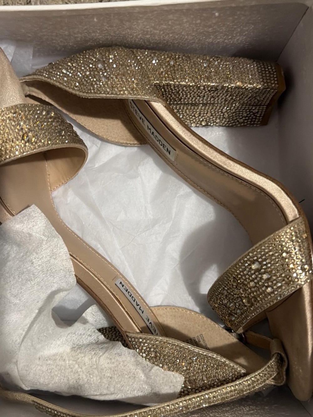 Steve Madden Gold Crystal-Embellished Block Heel Sandals